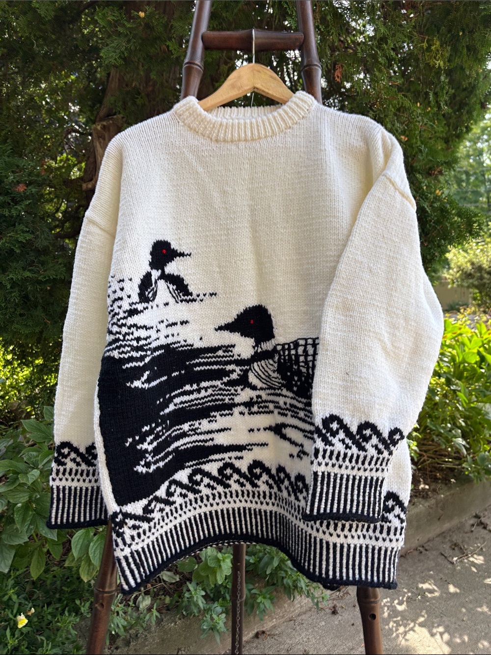Hand Knit Cream & Black Loon Knit Crewneck Sweater, Mens Large, ladies XL, bird